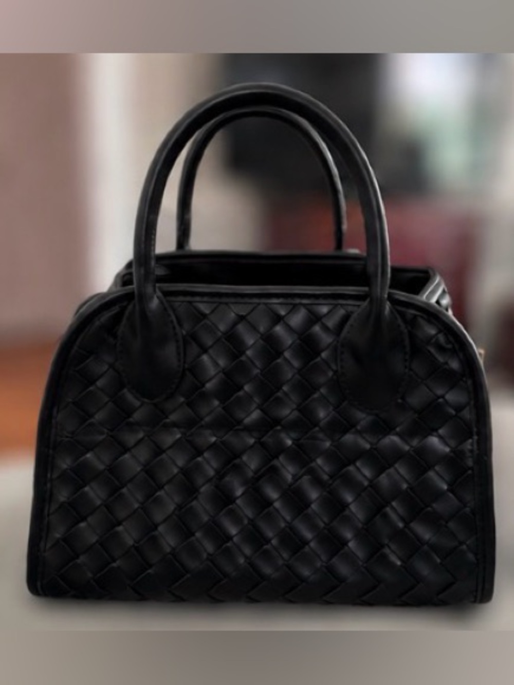 Woven Faux Leather Satchel Top Handle Crossbody Bag Black Minimalist Like New
